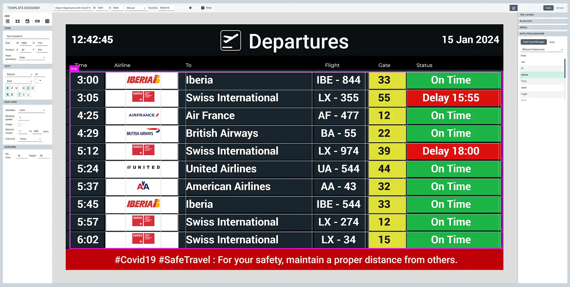 Template showing a data grid fed by flight information system